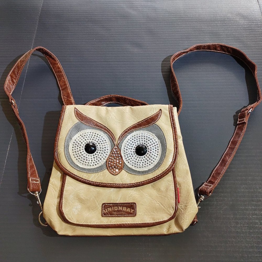Unionbay Purse Backpack With Owl Face Rhinestones Faux Leather Tan